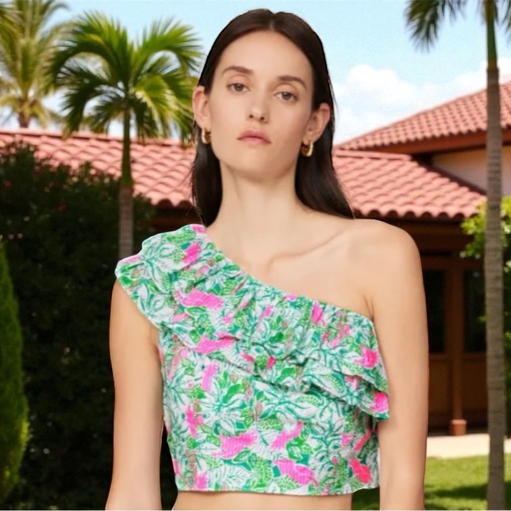 Lilly Pulitzer Pink & Green One-Shoulder Ruffle Crop Top